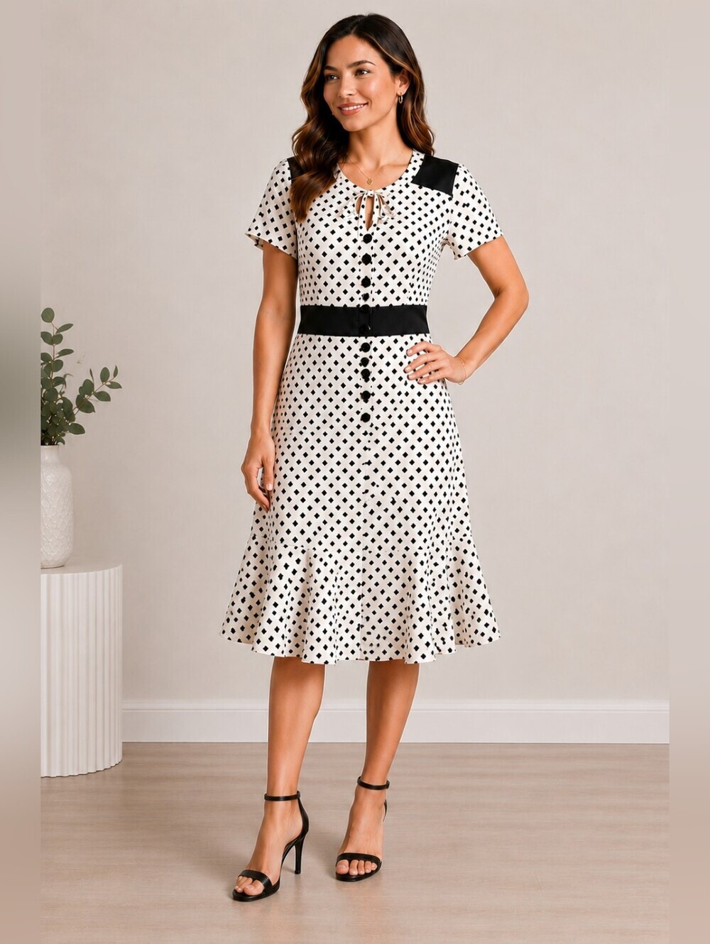 Chadwicks Black Ivory Geometric Fit & Flare Dress Tie Neck